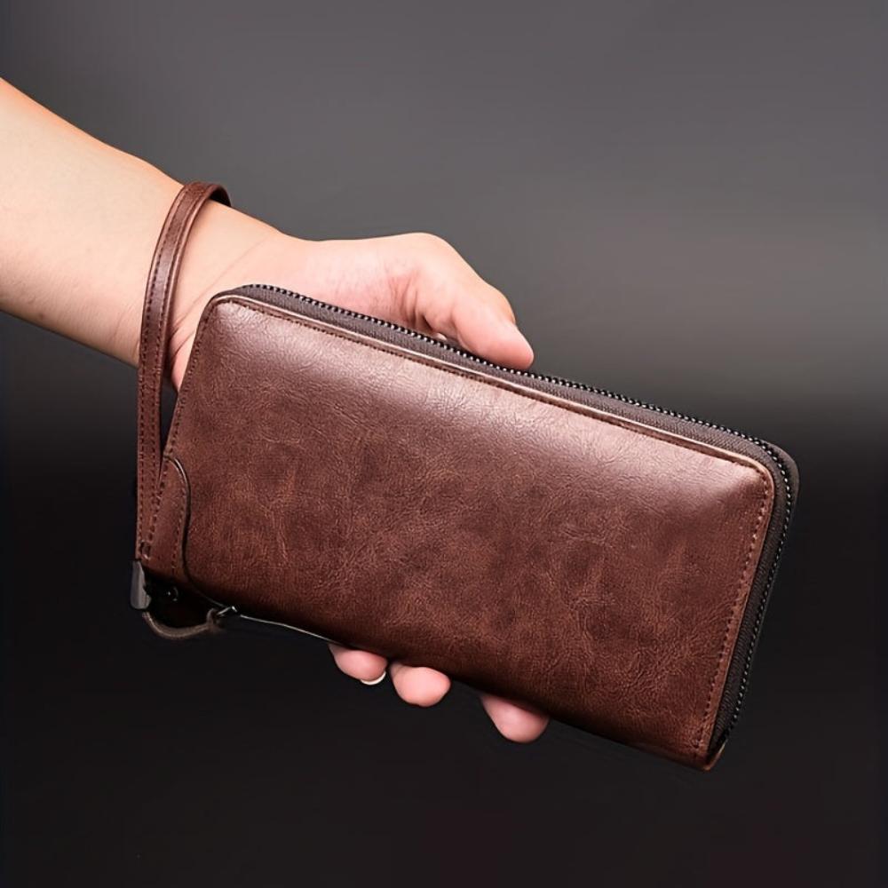 Men's Long Zip Clutch Wallet with Wrist Strap – Classic Business and Casual Organizer