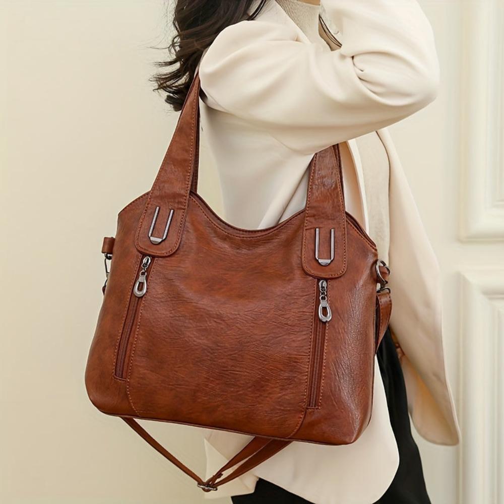 Women's Retro Shoulder Tote Bag – Classic Everyday Handbag with Zipper Front