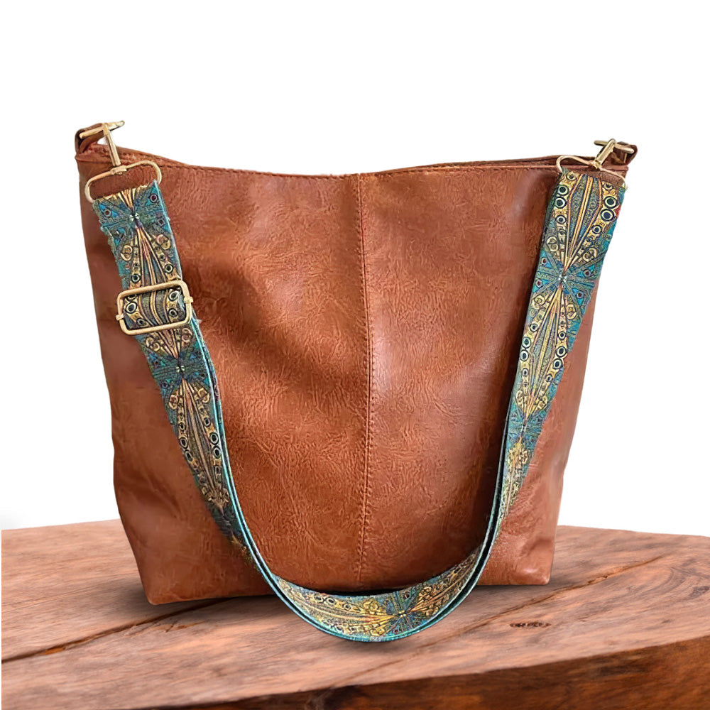 Women's Vintage Bucket Shoulder Bag with Adjustable Embroidered Strap – Classic Everyday Style