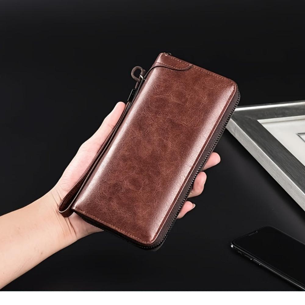 Men's Long Zip Clutch Wallet with Wrist Strap – Classic Business and Casual Organizer