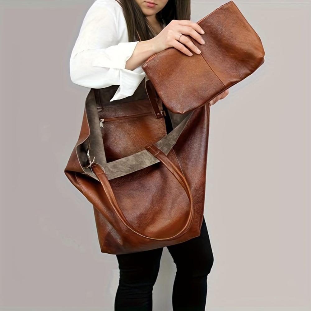 Women's Retro Large Capacity Tote Bag with Matching Pouch – Elegant Everyday Shoulder Handbag