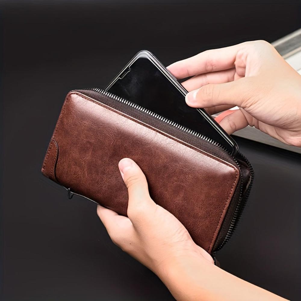Men's Long Zip Clutch Wallet with Wrist Strap – Classic Business and Casual Organizer