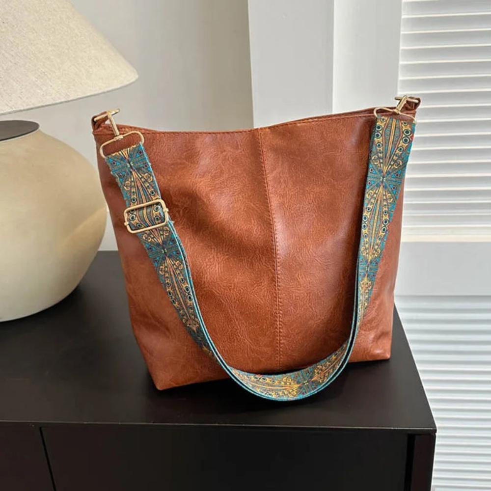 Women's Vintage Bucket Shoulder Bag with Adjustable Embroidered Strap – Classic Everyday Style