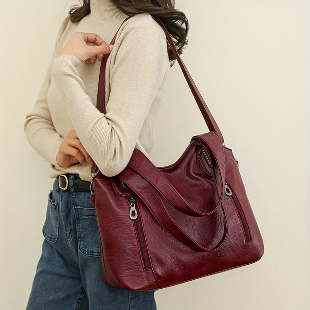 Women's Retro Shoulder Tote Bag – Classic Everyday Handbag with Zipper Front