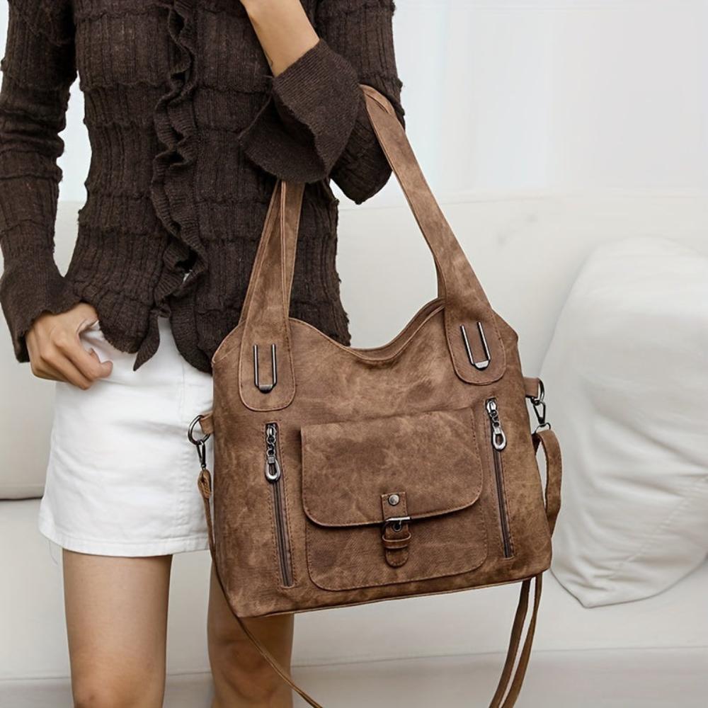 Women's Vintage Style Shoulder Bag with Multiple Pockets and Detachable Strap – Everyday Chic Handbag