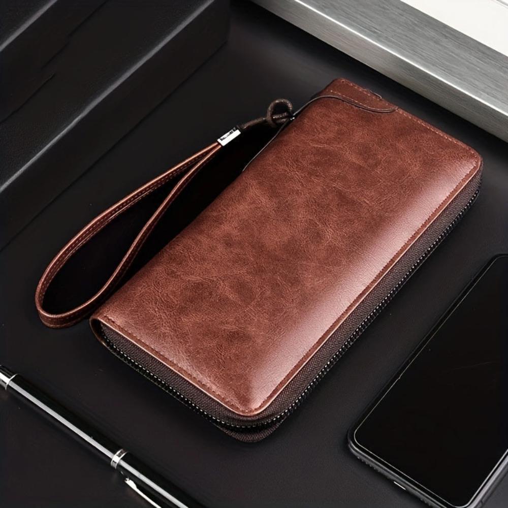 Men's Long Zip Clutch Wallet with Wrist Strap – Classic Business and Casual Organizer