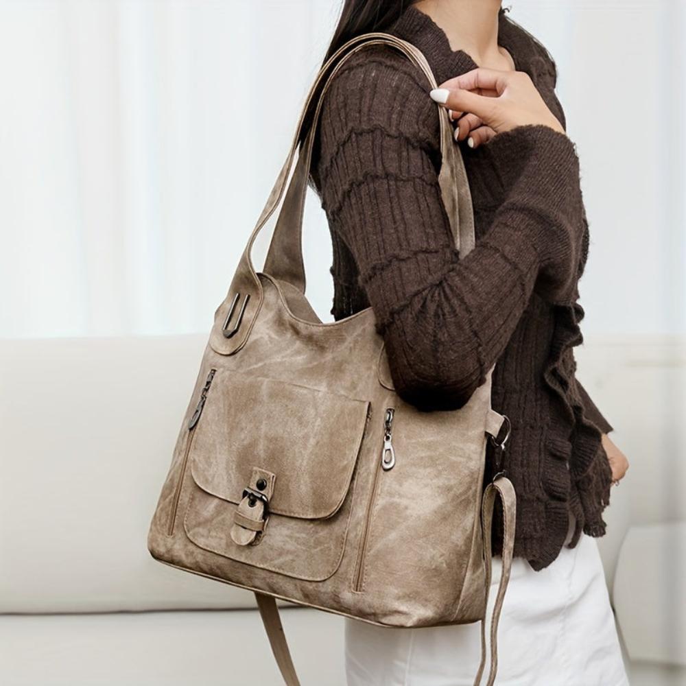 Women's Vintage Style Shoulder Bag with Multiple Pockets and Detachable Strap – Everyday Chic Handbag