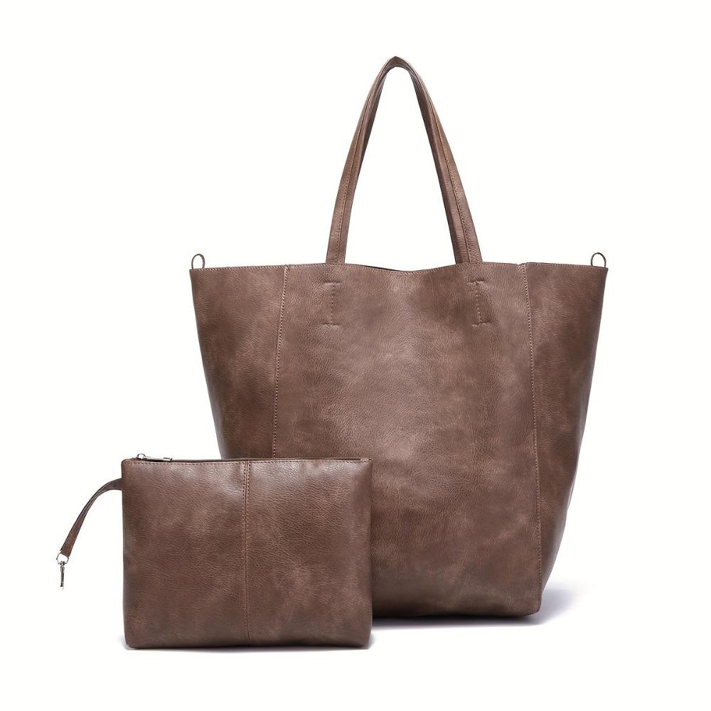 Women's Retro Large Capacity Tote Bag with Matching Pouch – Elegant Everyday Shoulder Handbag