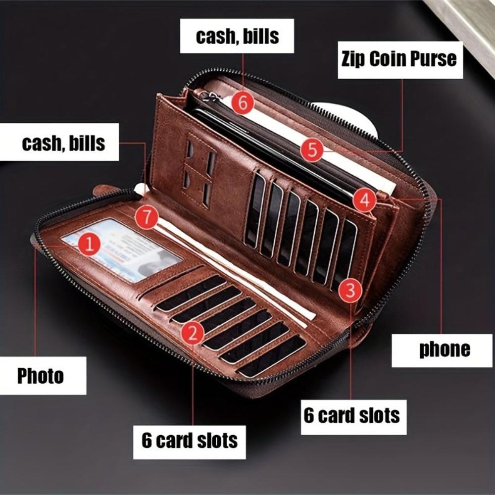 Men's Long Zip Clutch Wallet with Wrist Strap – Classic Business and Casual Organizer